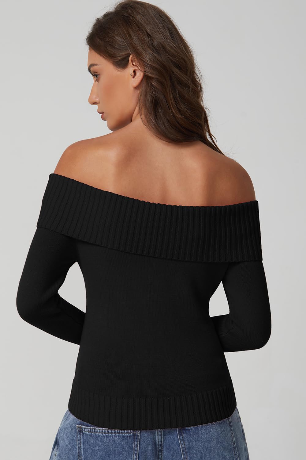 QINSEN Cotton Off The Shoulder Sweater for Women Long Sleeve Ribbed Knit Pullover Sweater Slim Fit Going Out Tops - Image 2
