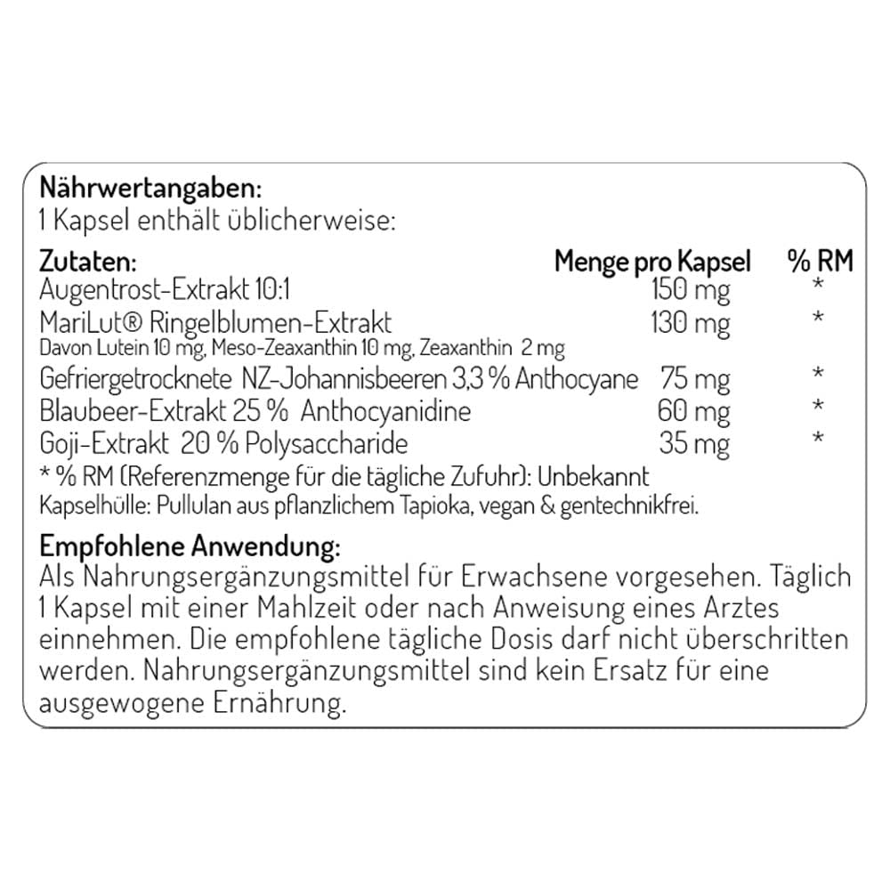 Augenkomplex 7 – Lutein/Meso-Zeaxanthin/Zeaxanthin/Neuseeländische schwarze Johannisbeere/Blaubeere/Goji-Beere/Augentrost – Ohne Zusätze – Natürlich – Im UK hergestellt (120 Kapseln)