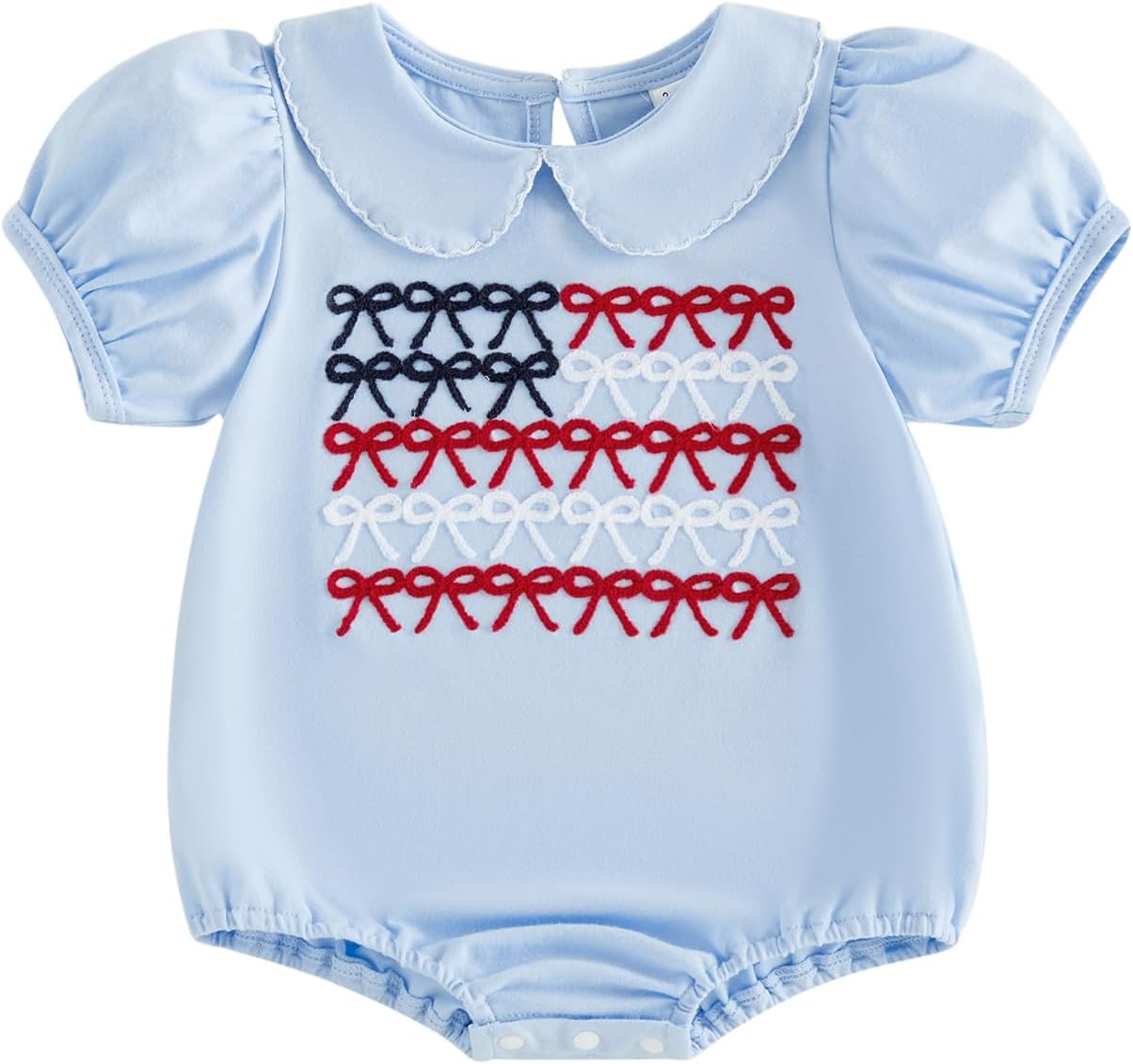 Baby Girl 4th of July Outfit Patriotic American Flag Bow Embroidery Peter Pan Collar Puff Sleeve Bubble Romper