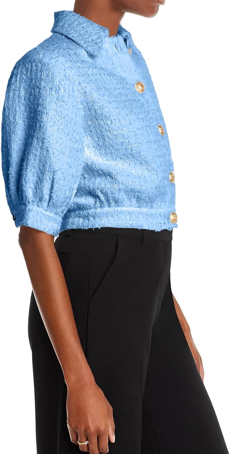 Women's Cropped Tweed Blazer Puff Sleeves Short Sleeve Jacket with Gold Buttons - Image 4