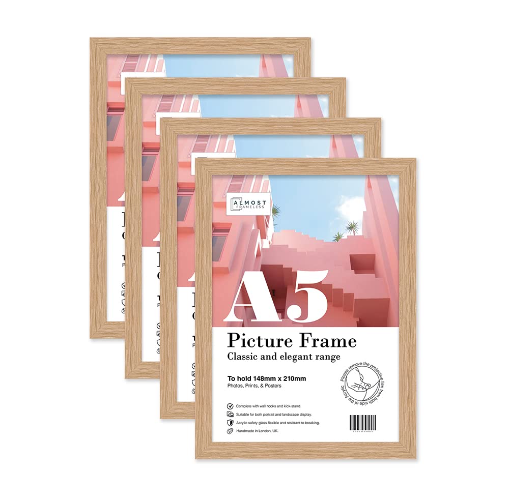 Almost Frameless A5 Oak Picture Frame Set of 4, Display A5 Picture Gallery Wall, Poster, Photo, Artwork, or Print, Oak