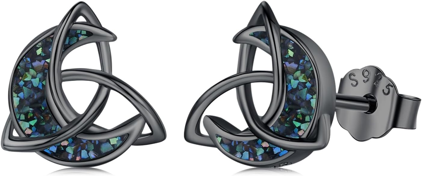 Moon Abalone Shell Earrings for Women Men 925 Sterling Silver Celtic Stud Earrings Hypoallergenic Black Abalone Jewelry Gifts