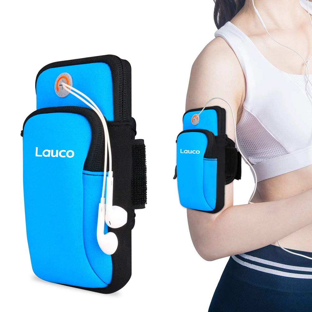 LAUCO Phone Armband Arm Pouch, Sports Running Armband Cell Phone Holder for Arm, iPhone Arm Case for iPhone 12, iPhone 11 Pro Max XS/XR/8/7/6 Plus,Key, MP3,LG, Galaxy S10, S9, S8, S7- Blue