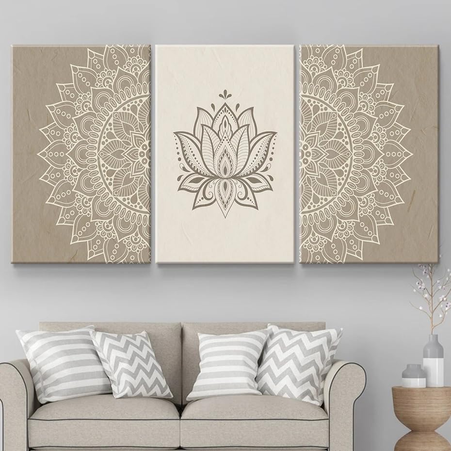Tableau mandala bohème beige Toile lotus abstrait Art mural minimaliste Déco salon chambre
