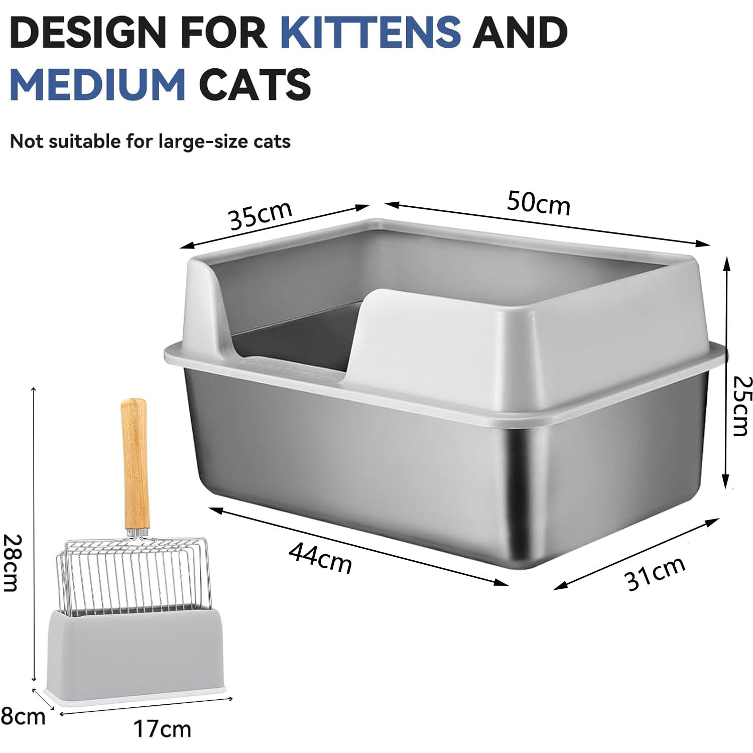 Katzenklo Edelstahl XXL, Stainless Steel Litter Box, Katzentoilette offene mit Metall Schaufel, Cat Litter Box hohem Rand, Katzentoilette Edelstahl, Katzenklo groß leicht zu reinigen-Grau