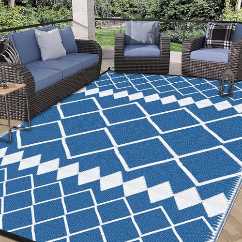 Image of Outdoor Reversible Rugs, Plastic Straw Area Mats, Modern Large Floor Rugs for RV, Patio, Backyard, Deck, Picnic, Beach, Trailer, Camping (Navy & White, 6'x9')