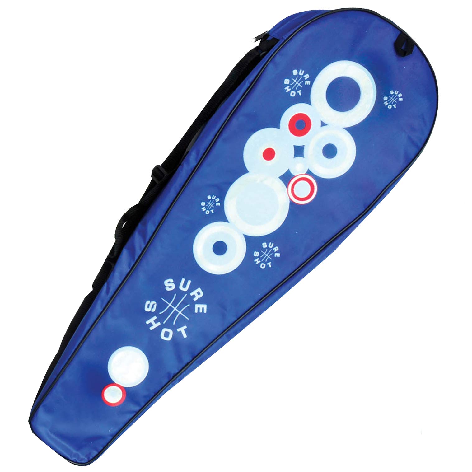 Sure Shot London 4 Player Set6 Badmintonschläger Set mit 4 x Erwachsenenschlägern und 3 Federbällen inkl. tragbarem Netz und Pfosten und Tragetasche, rot/weiß/blau, 26.35cm