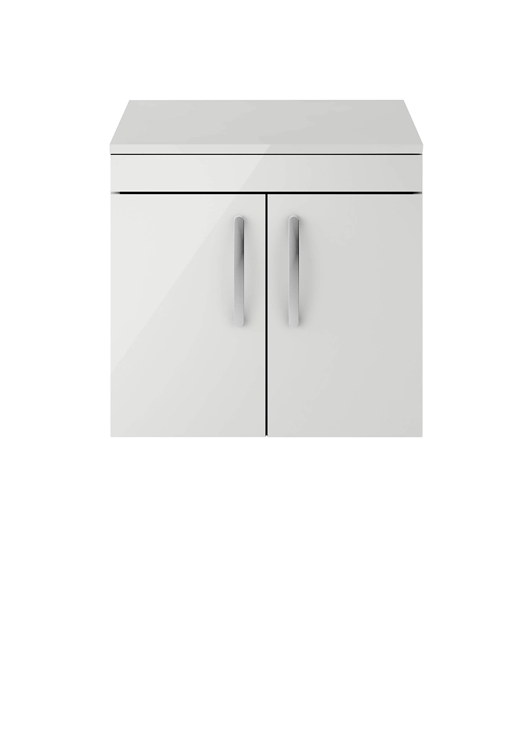 Nuie ATH111W Athena ǀ Modern Bathroom Wall Hung Cabinet Unit with 2 Soft Close Doors and a Colour Coordinating Worktop, 557mm x 605mm x 390mm, Gloss Grey Mist, Oak Wood, 600mm