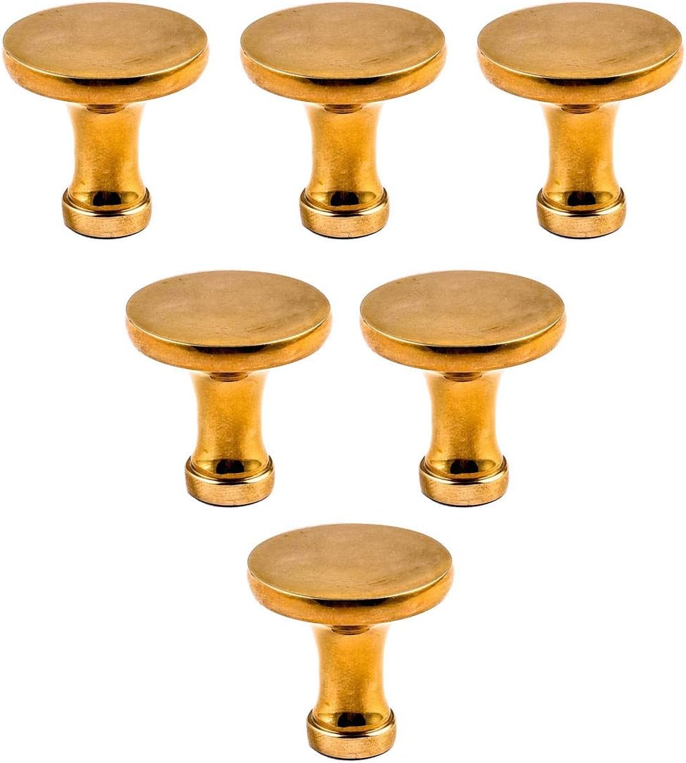 Renovators Supply Manufacturing Bright Solid Brass Drawer Door Knobs 1.25" Dia. X 1.25" H Classic Round Modern Doorknobs for Kitchen Cabinet, Dresser, Wardrobe Doors with Mounting Screws Pack of 6