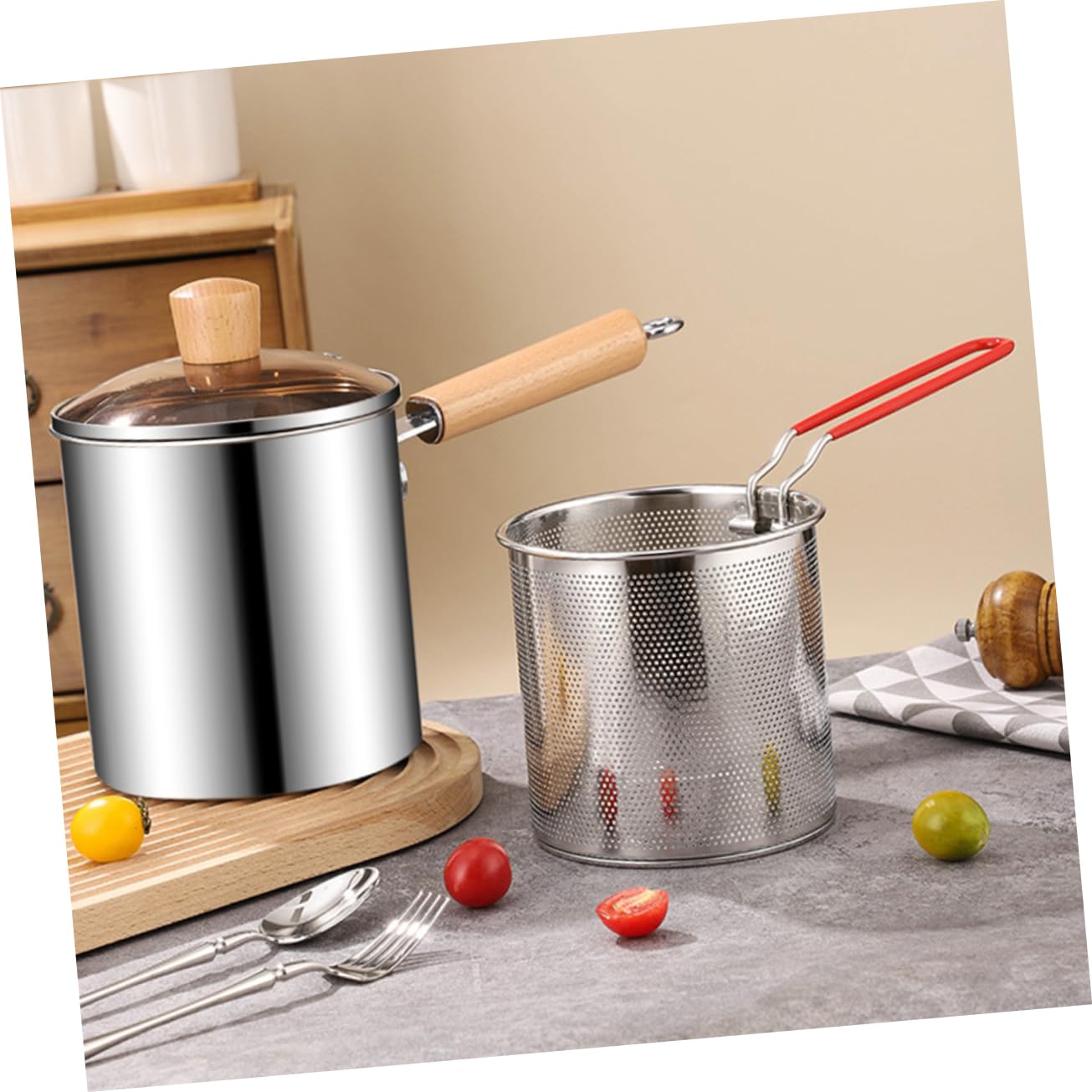 Zerodeko Deep Fryer Pot Frying Basket Stainless Steel and Wood Material Lightweight Small Size Easy to Use