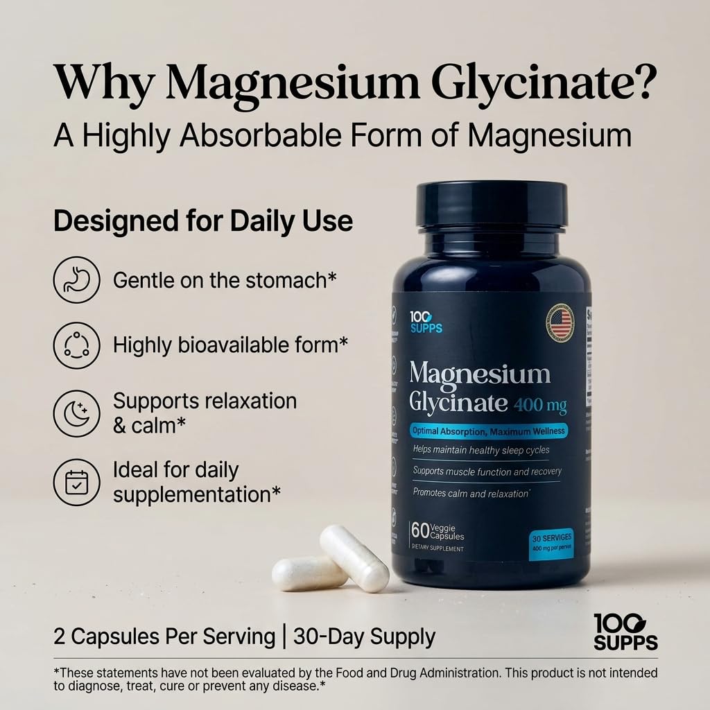 Magnesium Glycinate 400mg – 60 Capsules | 30-Day Supply | Chelated Magnesium for Muscle, Nerve, and Sleep Support | Vegan, Gluten-Free, Non-GMO | Manufactured in USA — Amazon image 4