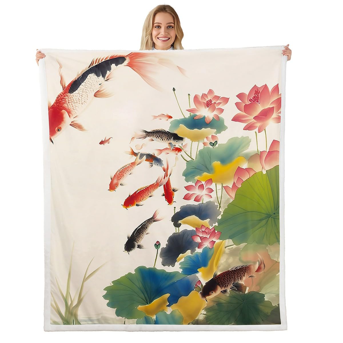 Homemissing Kids Chinese Ink Painting Fleece Throw Blanket Double 60x79Inch Carps Koi Fishes Japanese Sherpa Blanket for Bed Sofa Couch Good Luck Fish Nature Bedroom Decor