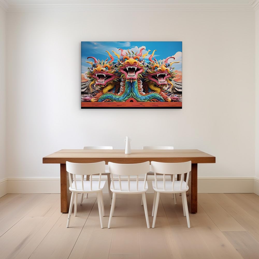 Canvas for Living room. Unleashing the Triumvirate of Fire, Earth, and Wind - The Splendid Guardian Dragons of the Temple Eaves, 27 x 18 inch Canvas Wall Art - Modern Home Decor