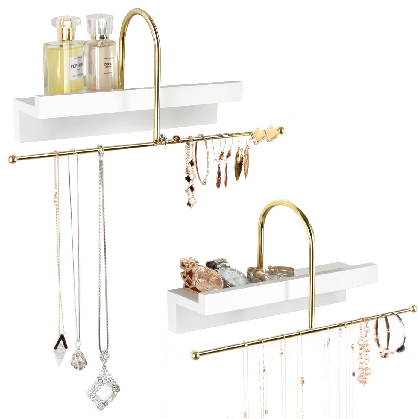 J JACKCUBE DESIGN Gold and White Wall Mounted Hanging Jewelry Organizer Holder Set of 2 for Necklaces, Rings, Bracelets and Earrings with White Display Shelf- MK692A