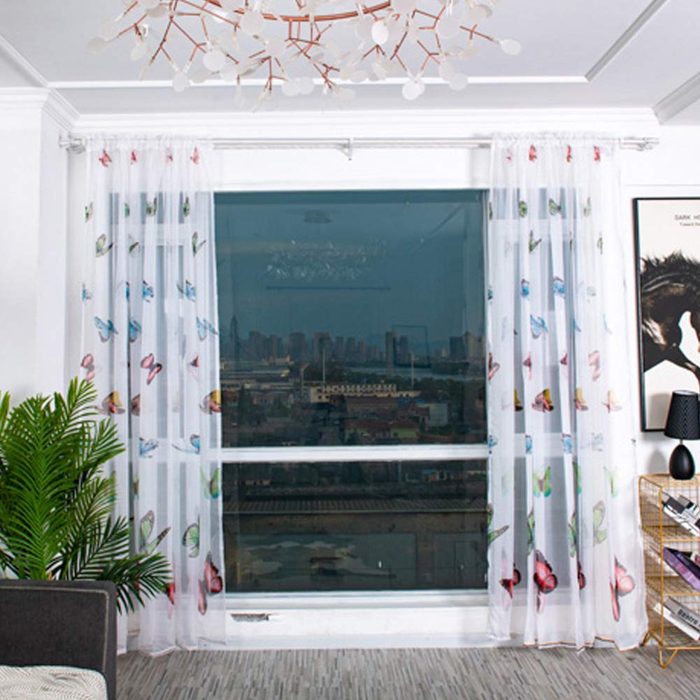 BOYOUTH Colorful Butterfly Pattern Print White Sheer Voile Curtains,Rod Pockets Curtains and Drapes for Bedroom,Study,Living Room,Red,39 x 106 Inches,2 Panels