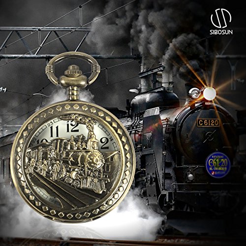 Image of SIBOSUN Antique Men Pocket Watch with Chain Oversized 50MM 1.96 Inch 3D Locomotive Steam Train Railroad Hollow + Box
