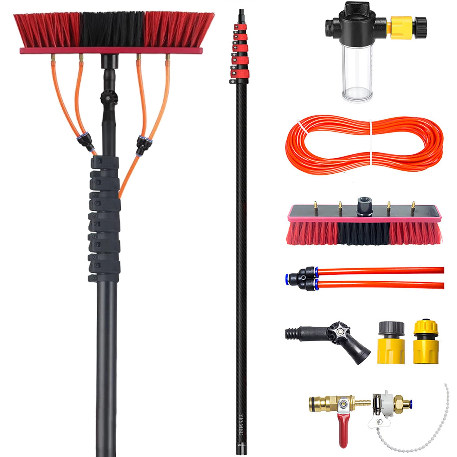 Cepillo de Lavado Telescópico 20m de Fibra Carbono para Paneles Solares | Limpiacristales Telescopico con Conexión de Agua y Jabón Dosificador, Limpieza Techos,Coches, Limpiador Placas Solares,Ligera