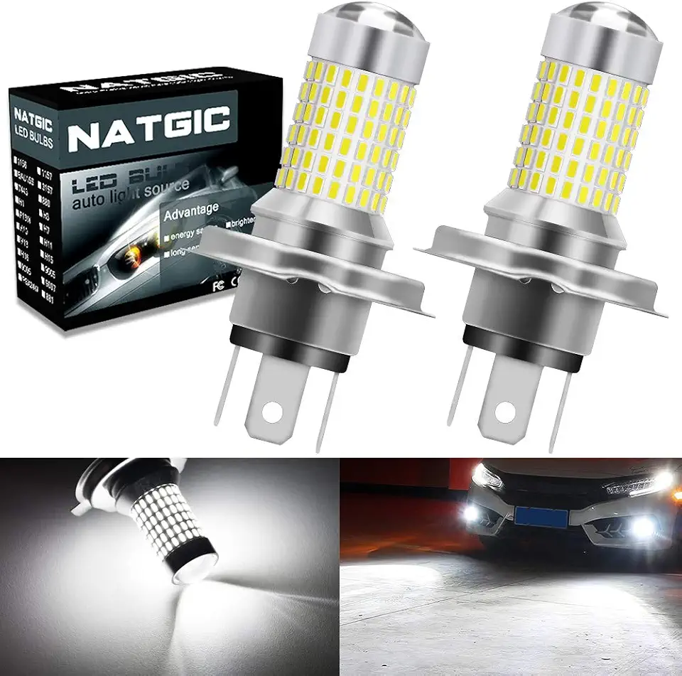 Lâmpadas LED H4 HB2 9003 Super Brilhantes 3000LM 3014SMD 144-EX Chipsets com Lente Projetor para Faróis de Neblina, Lâmpadas de Direção Automotiva, Luzes Diurnas, Xenon Branco (pacote com 2)