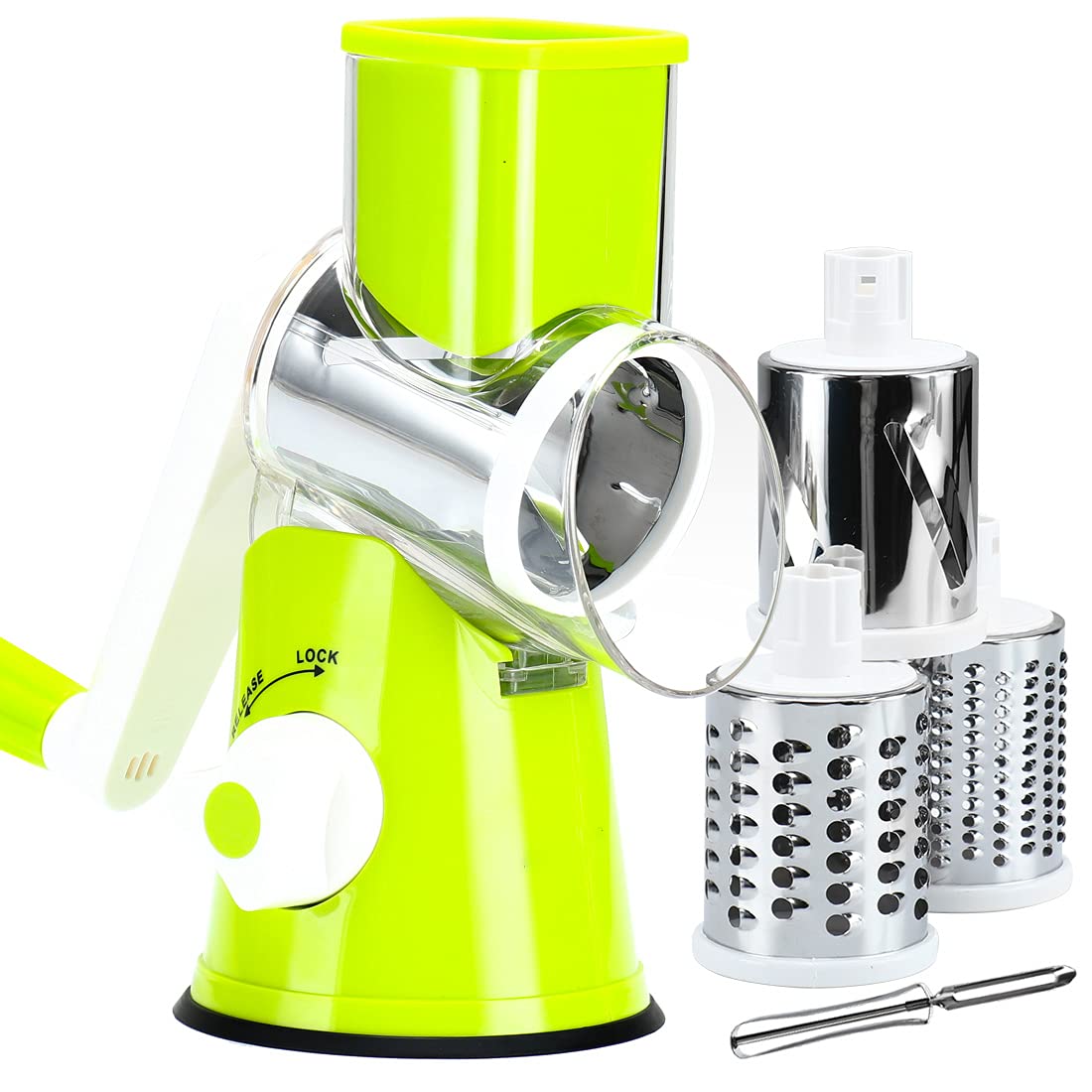 V2COMRotary Cheese Grater Slicer - Round Mandoline Drum Slicer Manual Vegetable Slicer with a Stainless Steel peeler (Green)