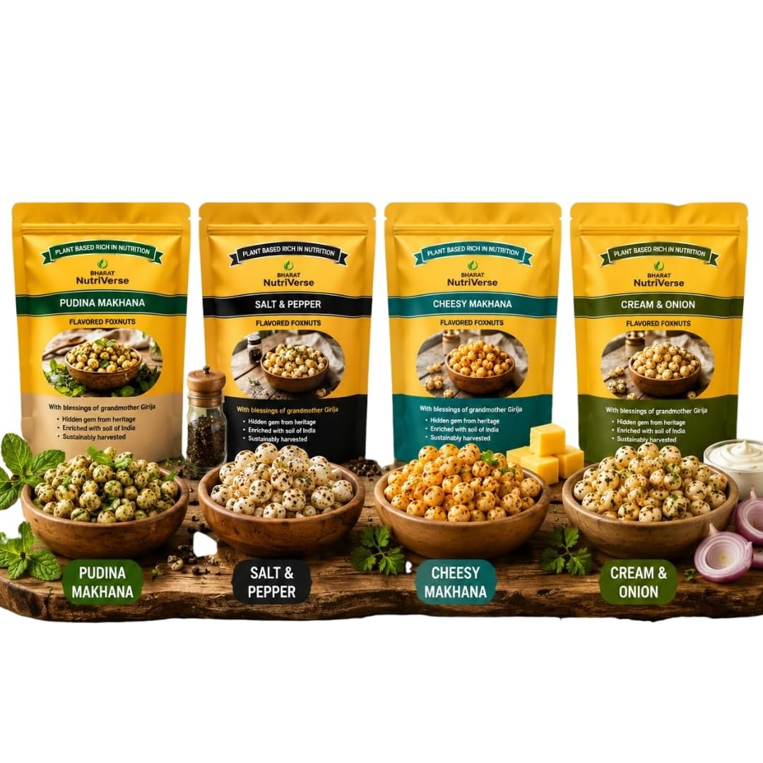Bharat NutriVerse Flavored Makhana Combo Pack (Pack of 4) | Pudina, Salt & Pepper, Cheesy & Cream & Onion | Roasted Fox Nuts | Healthy Plant-Based Snack-image-4