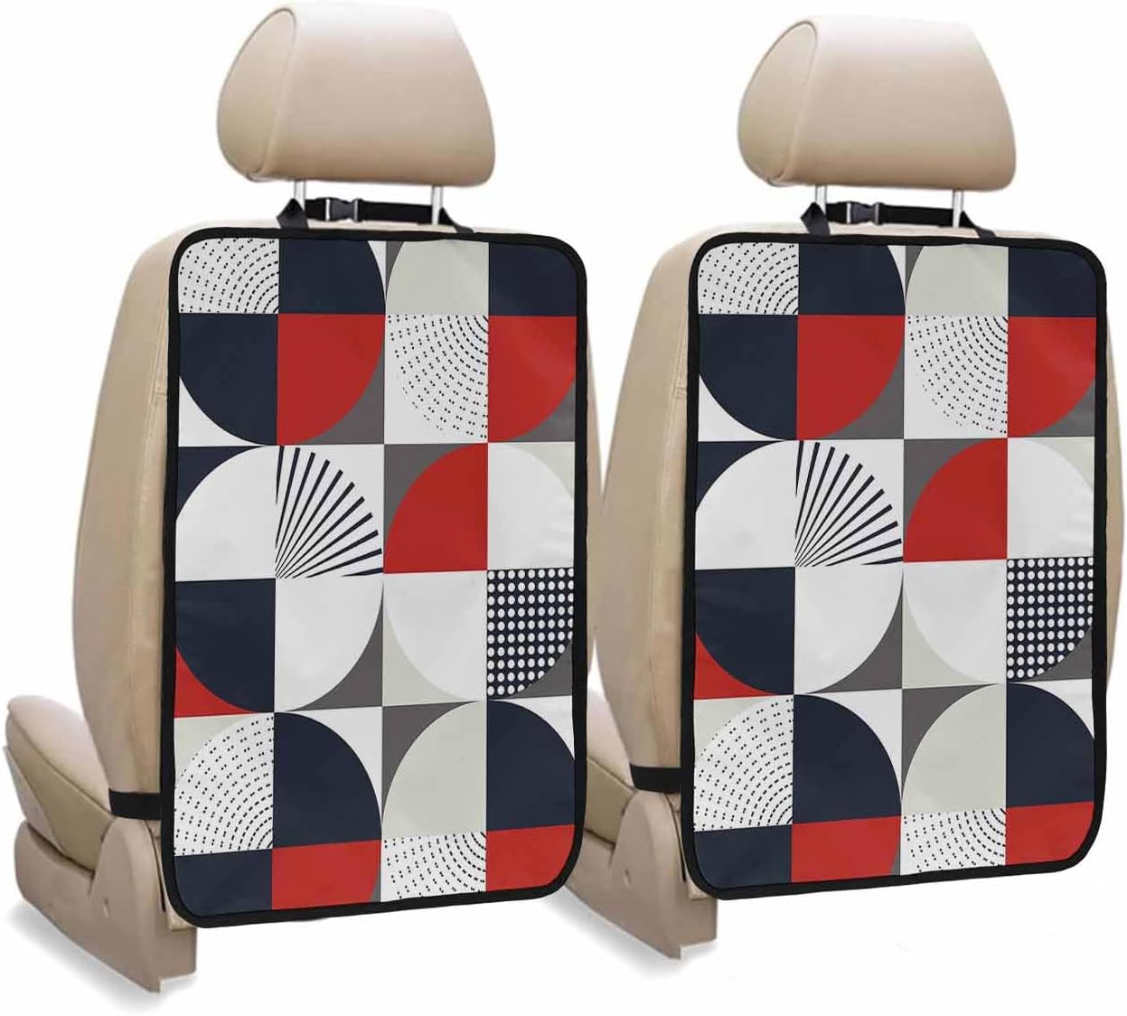 Car Seat Protector, 2 Pack Kick Mats Back Seat Protector Mid Century Abstract Red White Blue Geometric Pattern Waterproof Backseat Cover for Kids Universal Fit Automotive Interior Protectors