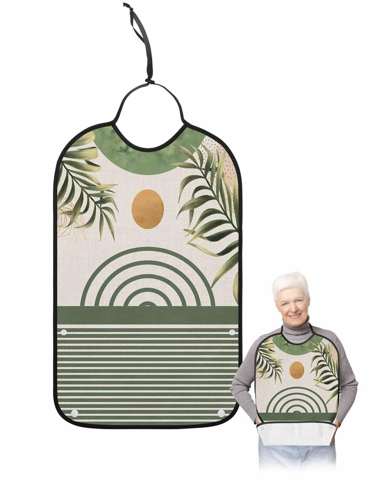 LEOKOTI Green Geometric Adult Bibs for Eating, Waterproof Bibs with Food Catcher & Adjustable Snap Closure, Summer Botanical Modern Abstract Art Washable Clothing Protectors Adult Bibs for Elderly