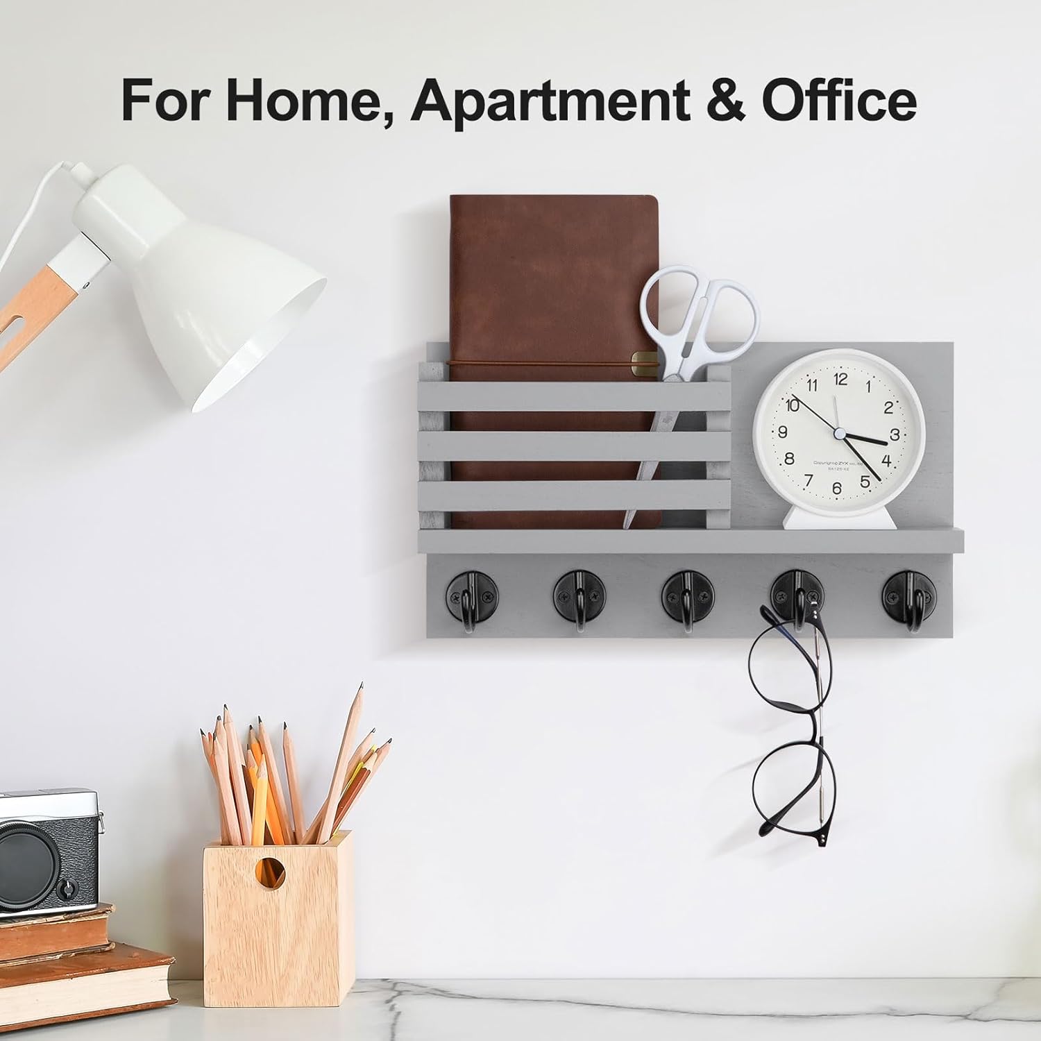 Key Holder for Wall – Decorative Wooden Mail Holder and Key Shelf with Mounting Hardware, Installation Guide – Paulownia Wood with 5 Metal Key Hooks (11.8” x 6.7” x 2.8”)