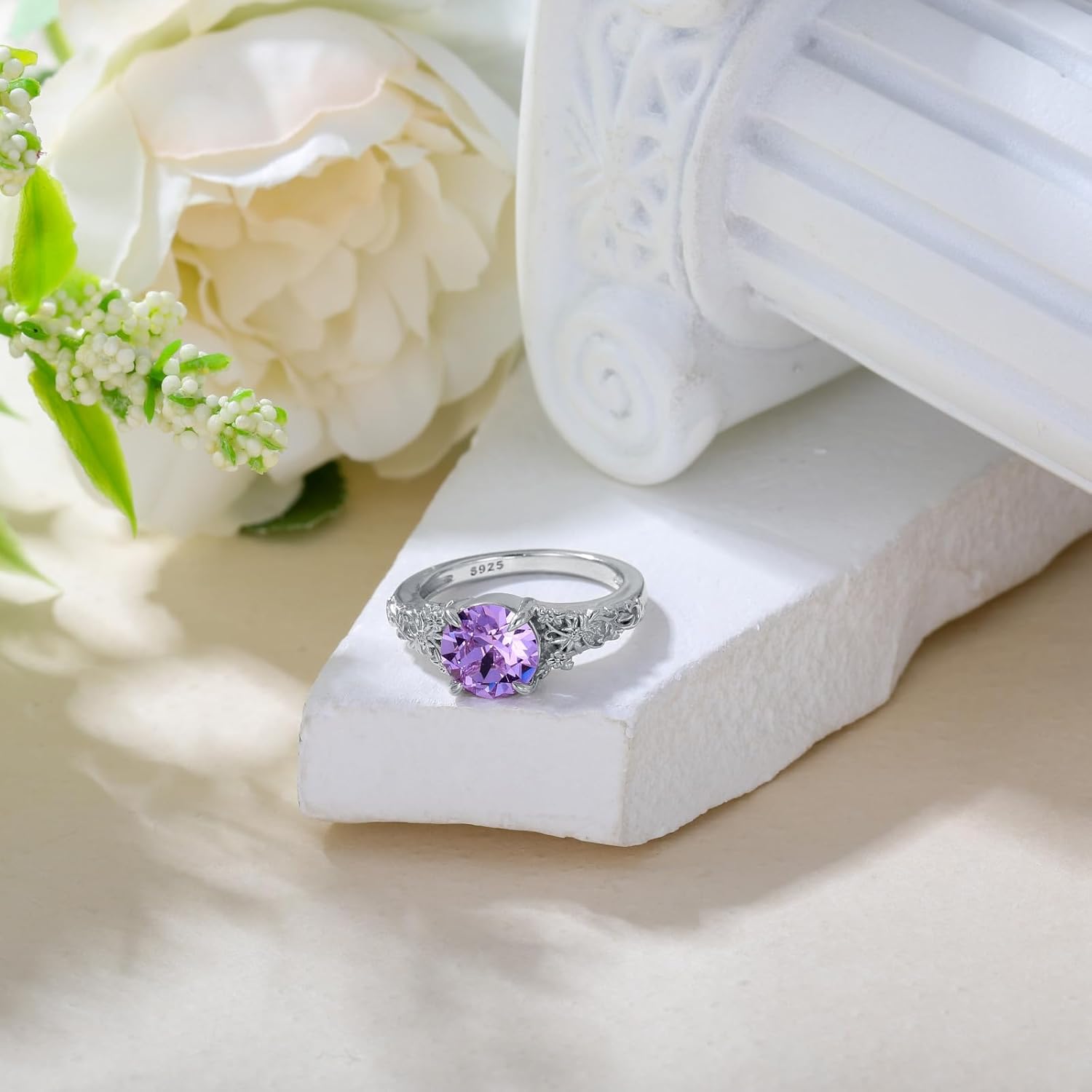 Vintage Floral Engagement Ring for Women, Sterling Silver with Round Cut Natural Gemstone (Amethyst, Turquoise, Black Onyx, Moonstone, Amber), Boho Promise Ring Birthday Gift - Image 2