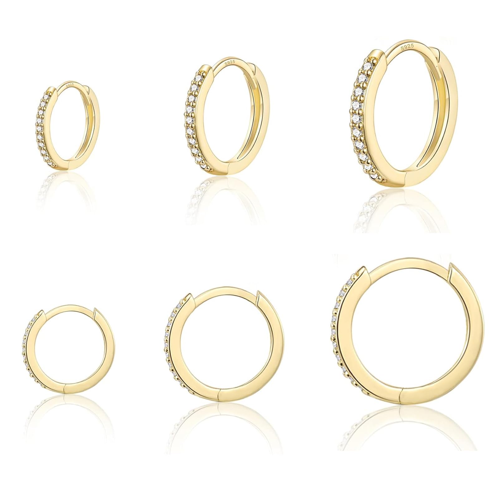 LYJOW Juego de 3 Pares de Pendientes Aro Mujer 925, Pendientes Aro Plata Mujer con Circonitas, Pequeños Aros Dorados para Mujeres, Hombres, Niñas, Joyas Chapadas en Oro (8 mm/10 mm/12 mm)