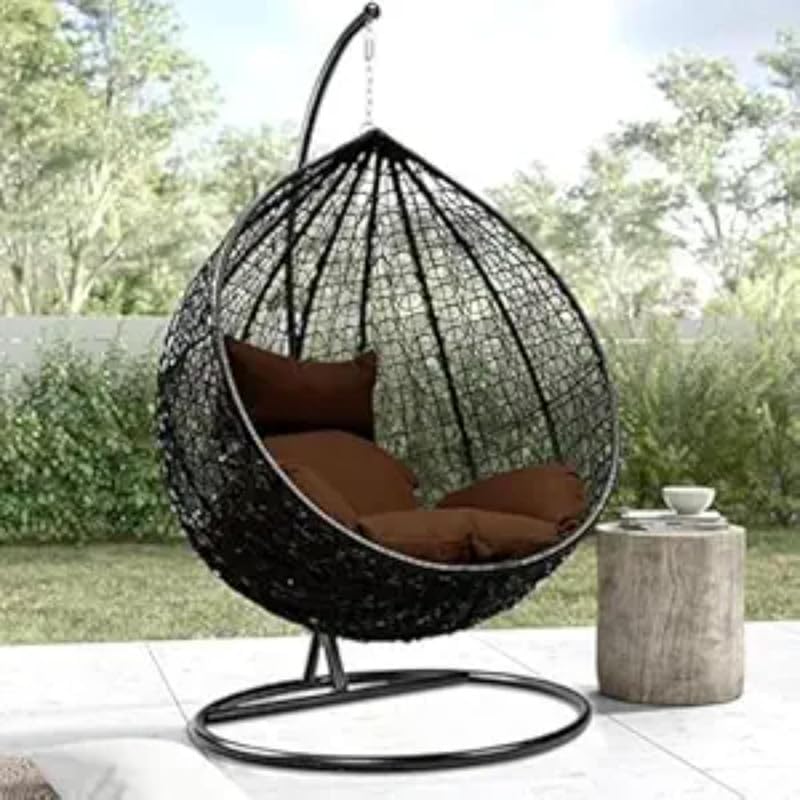 Image of HUMAIRA OUTDOOR FURNITURE Single Seater Swing Chair with Stand & Cushion Outdoor Indoor Balcony Garden Patio,Powder Coated Frame,UV Protected Wicker (Black+Dark Brown)