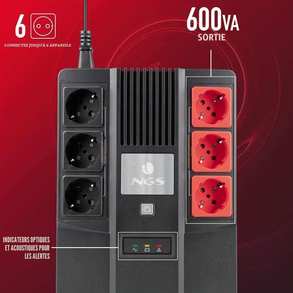 NGS FORTRESSBUNKER - Onduleur Hors Ligne SAI, Off Line UPS 600 VA 360W avec Batterie de Secours 12V/7Ah et 6 Prises Schuko avec Protection Contre Les Pics de Tension