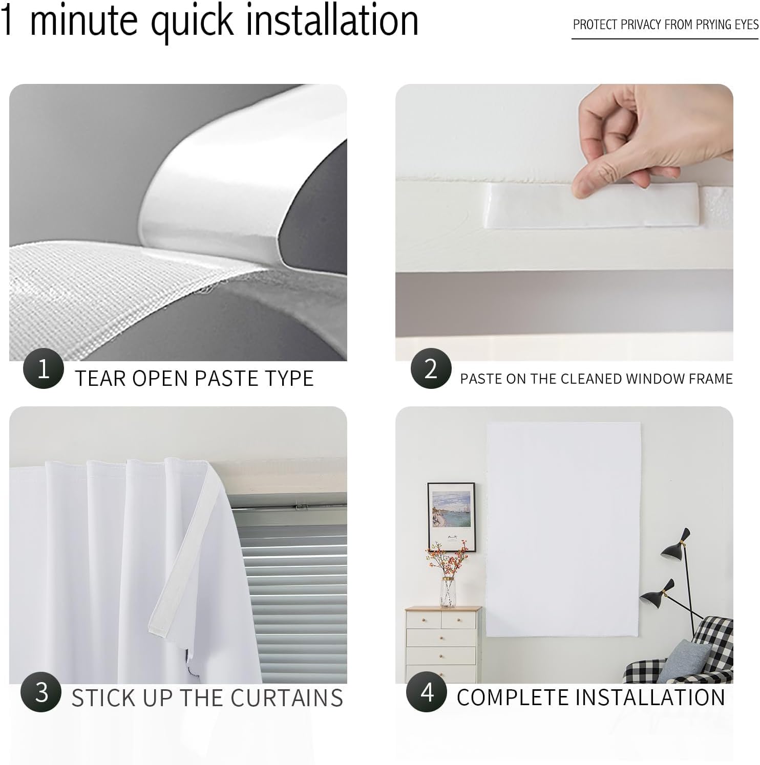 self Adhesive Curtains Portable Blackout Curtain Simple and Easy to Install Bedroom Window Thermal Lnsulated Kitchen Room Darkening Black Small Drapes, 59" W X 71" L, White, 1 Panel