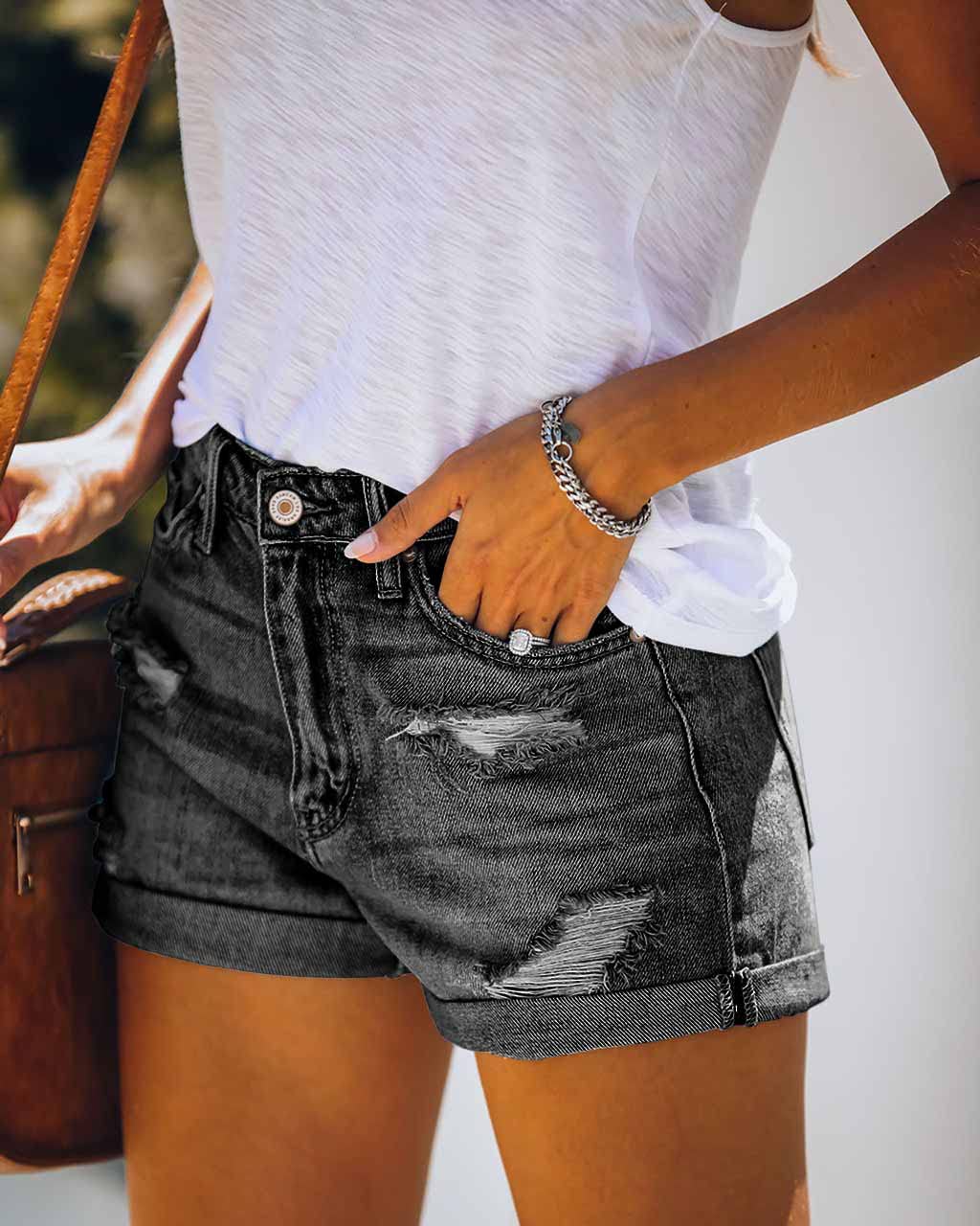 Alaster Queen Pantalones Cortos Vaqueros de Mujer Cintura Alta Pantalones Cortos Vaqueros de Mujer Flip Folded Distressed Short Jeans Negro XXL