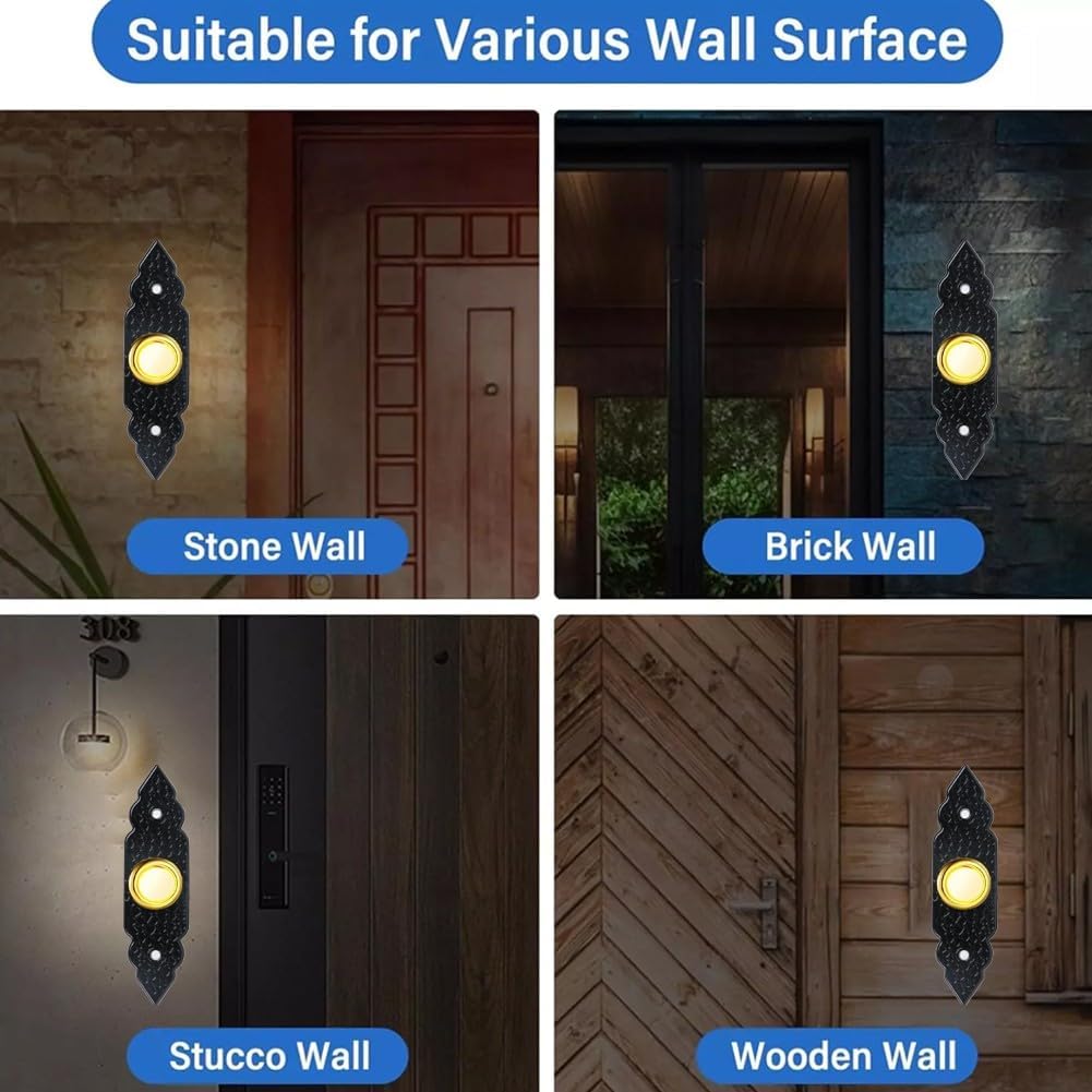 Zinc Alloy Wired Doorbell Push Button with LED Light, Weatherproof Front Door Bell Button for Home Garage, for Easy Installation with Screws, Black