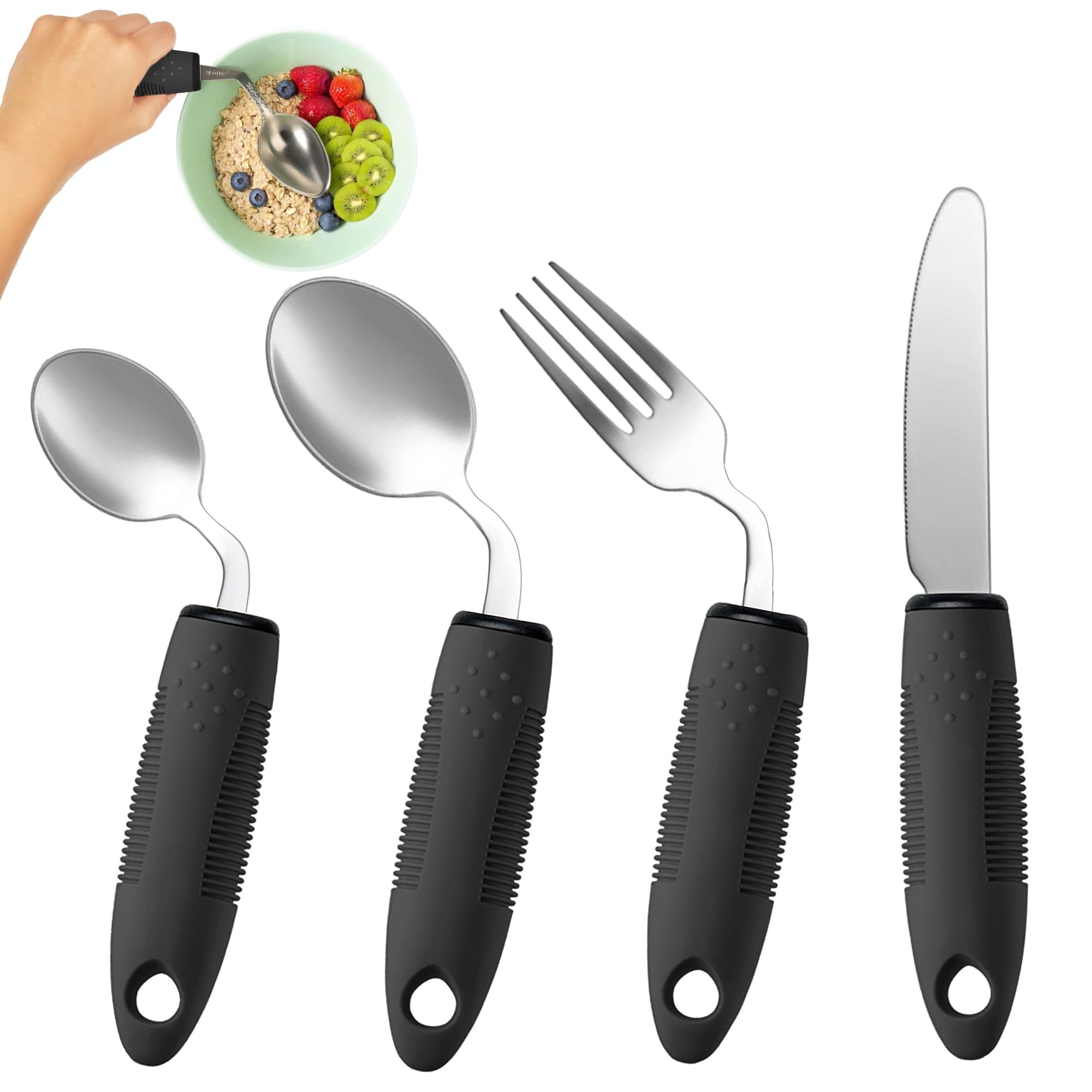 Juego de utensilios adaptativos de 4 piezas, utensilios de Parkinson en ángulo de 42°, utensilios con peso para pacientes con temblores y Parkinson, cubiertos pesados de fácil agarre para temblores de
