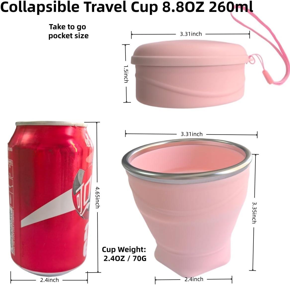 Collapsible Cup, 8.8oz 260ml Foldable Travel Mini Coffee Mug, BPA Free Silicone Water Cup and Lid with Stainless Steel Rim, Portable Pocket Cup for Outdoor, Hiking, Camping & Kids （Pink） image 3