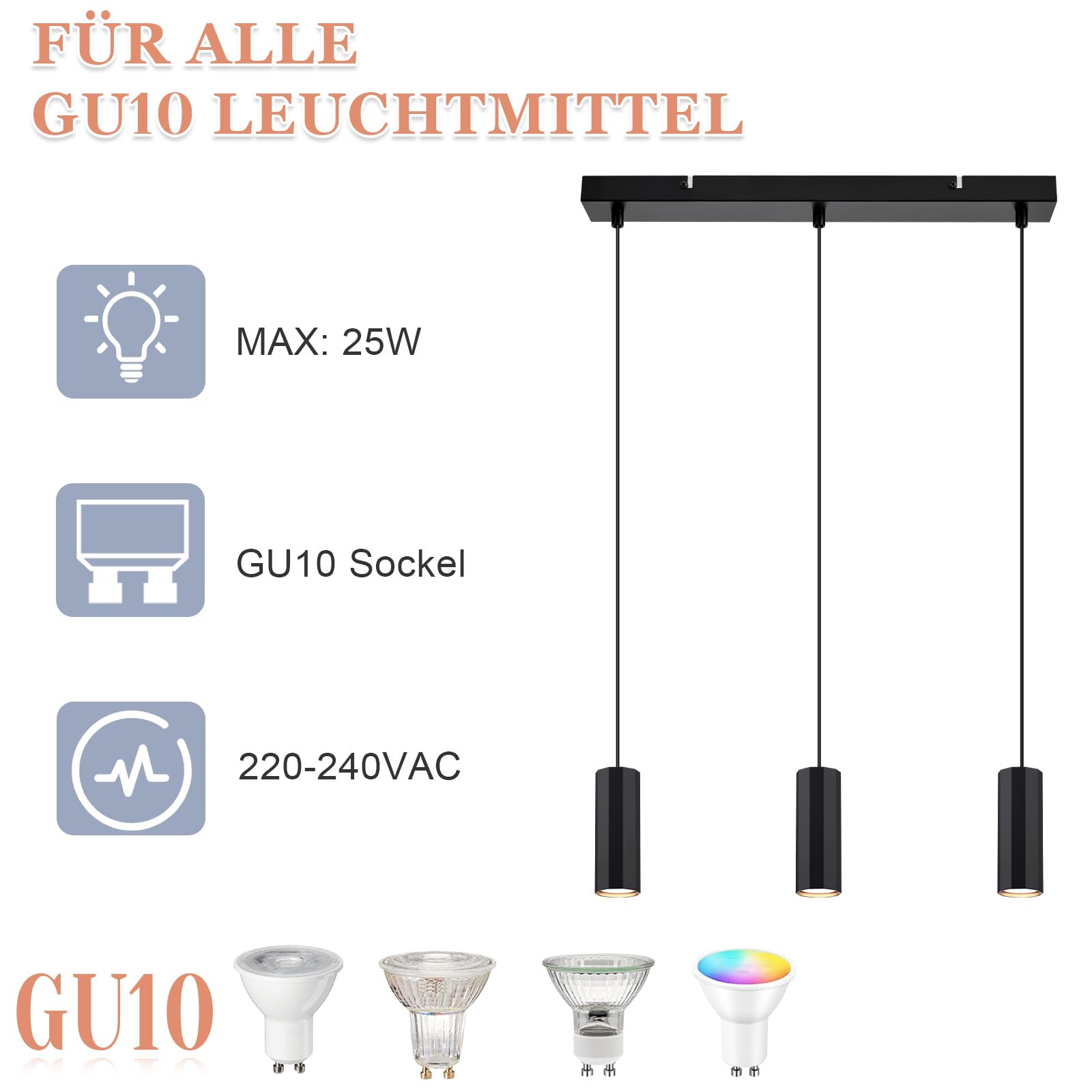 Glitzerlife Lampada a sospensione GU10 Nero Lampadario a Soffitto 3 Luci | Con Cavo Regolabile per Bar Ristorante Sala da Pranzo Isola Industriale in Metallo per Cucina Bar (Senza lampadina)
