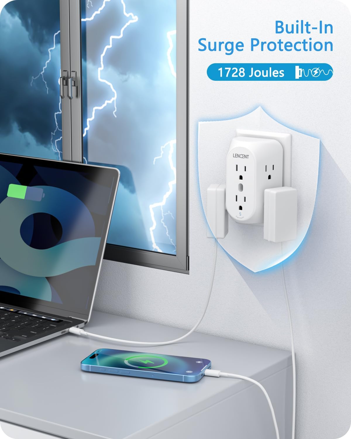 LENCENT 2 Prong Power Strip, 3 to 2 Prong Grounding Outlet Adapter, Polarized Plug, Surge Protector, 3-Sided 6 Outlet Widely Spaced Extender, Mountable Wall tap for Non-Grounded Outlets, 3 Packs
