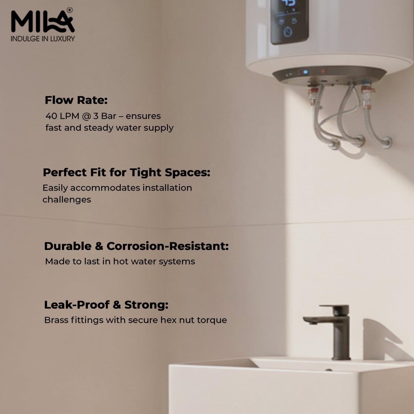 MILA German-Standard Geyser Connection Hose Pipe SS-304 24" β Pack of 2 | Stainless Steel Bathroom & Kitchen Accessory | Corrosion Resistant, Flexible & Hot Water Tested | 3-Year Warranty 3
