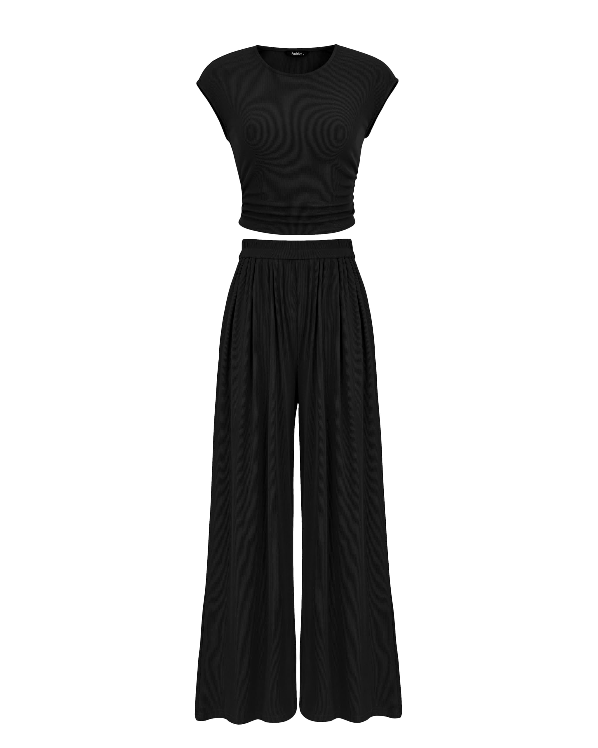 PRETTYGARDEN Womens Summer 2 Piece Outfits 2025 Cap Sleeve Ruched Slim T Shirt Ribbed Knit Wide Leg Pant