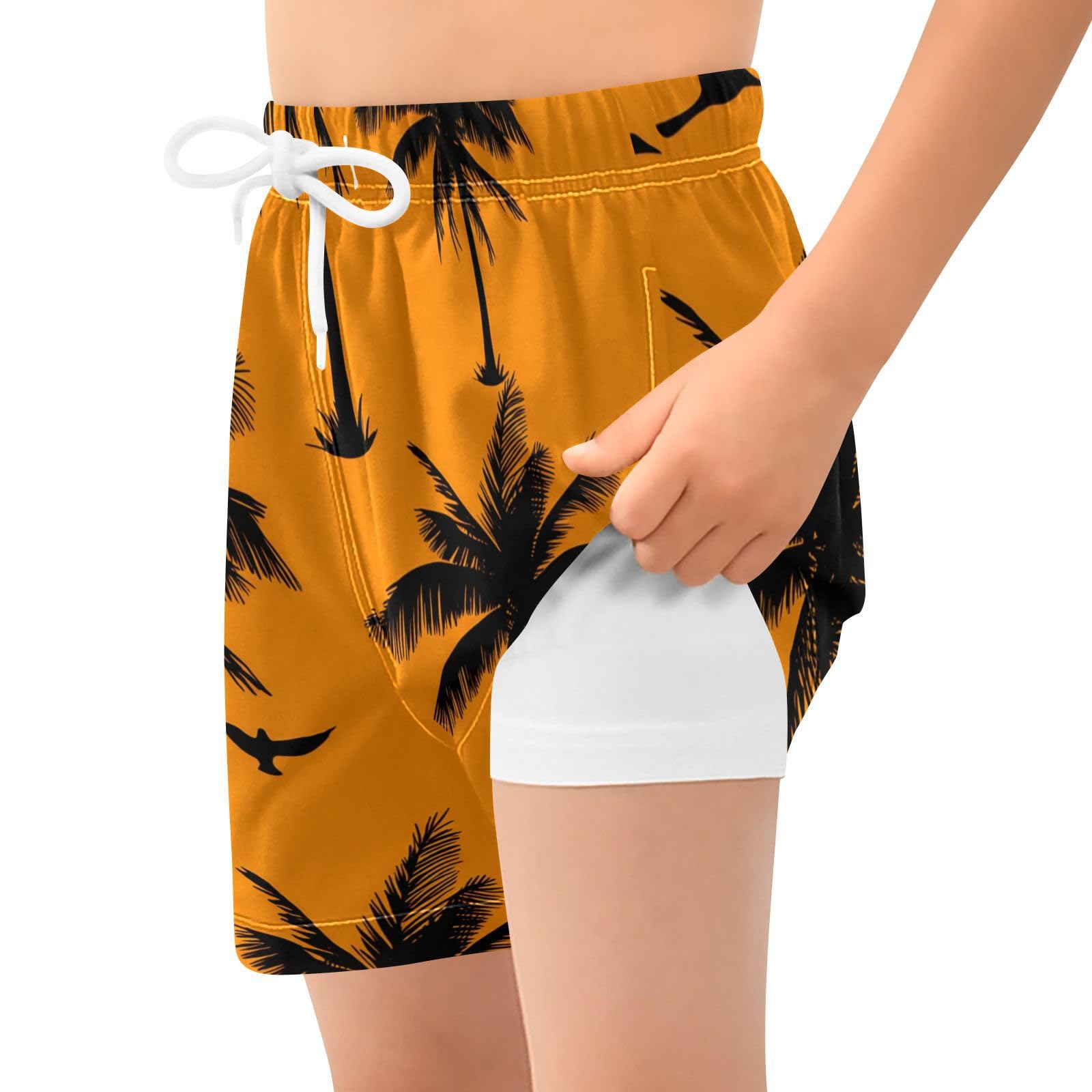 YANENDIE Boy Swim Trunks with Compression Liner Black Palms Orange Boys Swim Shorts Quick Dry Beach Shorts