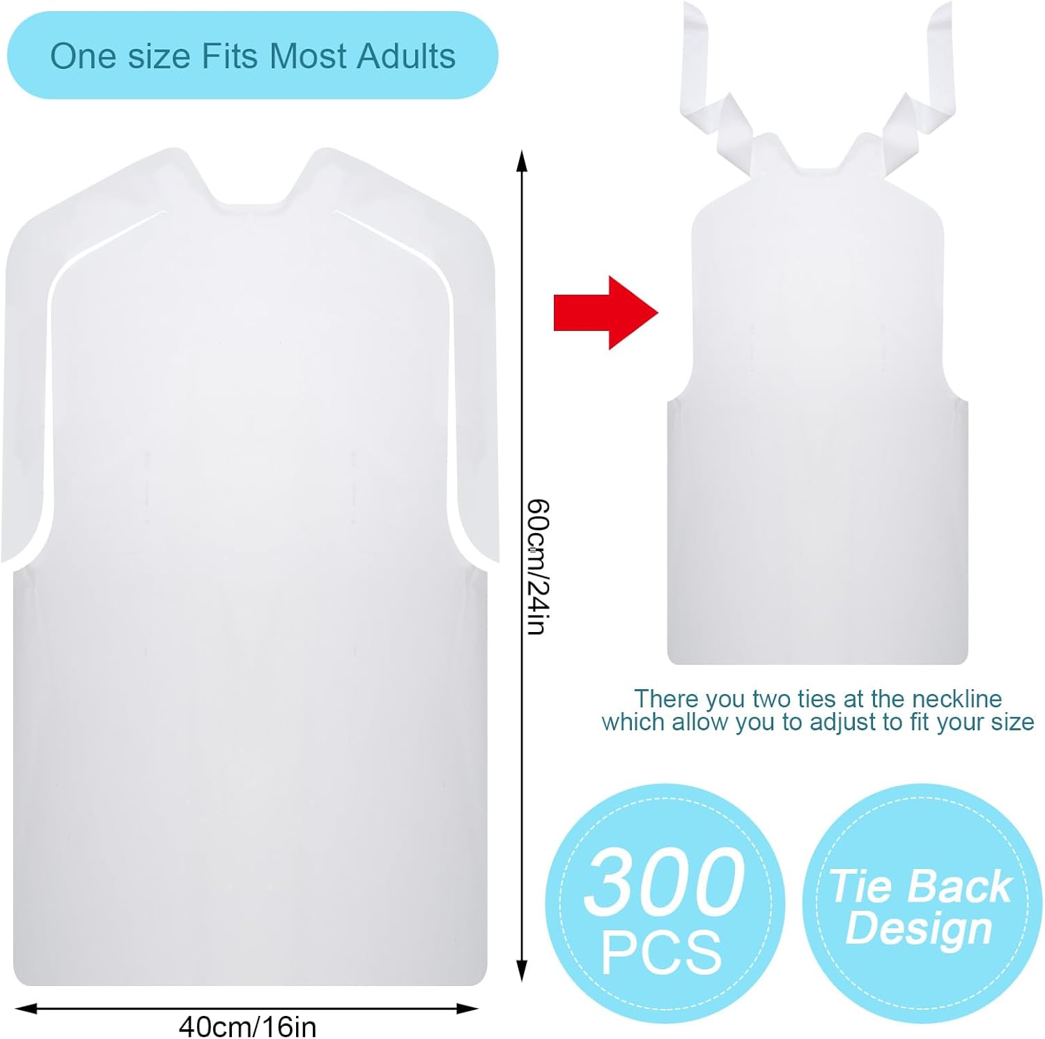 Janmercy 300 Pcs Disposable Bibs Bulk Disposable Adults Bibs 24 Inch Waterproof Plastic Bib Single Use Seafood Christmas Party Dining Clothing Protectors for Women Men Elderly Senior Eating