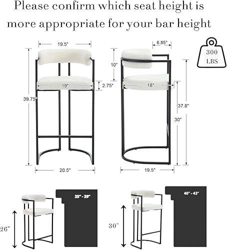 Miniatura 2 de 30Inch Sherpa Bar Stools Set of 2, Modern White Barrel Bar Stools with Comfy Back, Upholstered High Dining Chairs with Black Leg Boucle Kitchen Bar