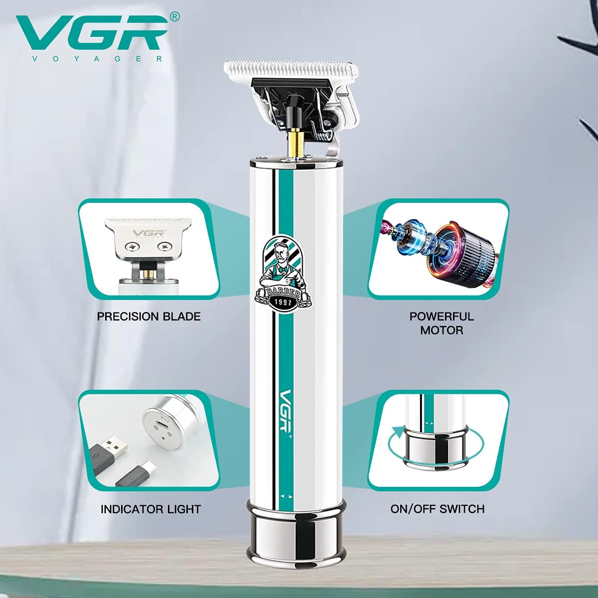 VGR V-079 Trimmer highlighting key features: precision blade, powerful motor, indicator light, and on/off switch.