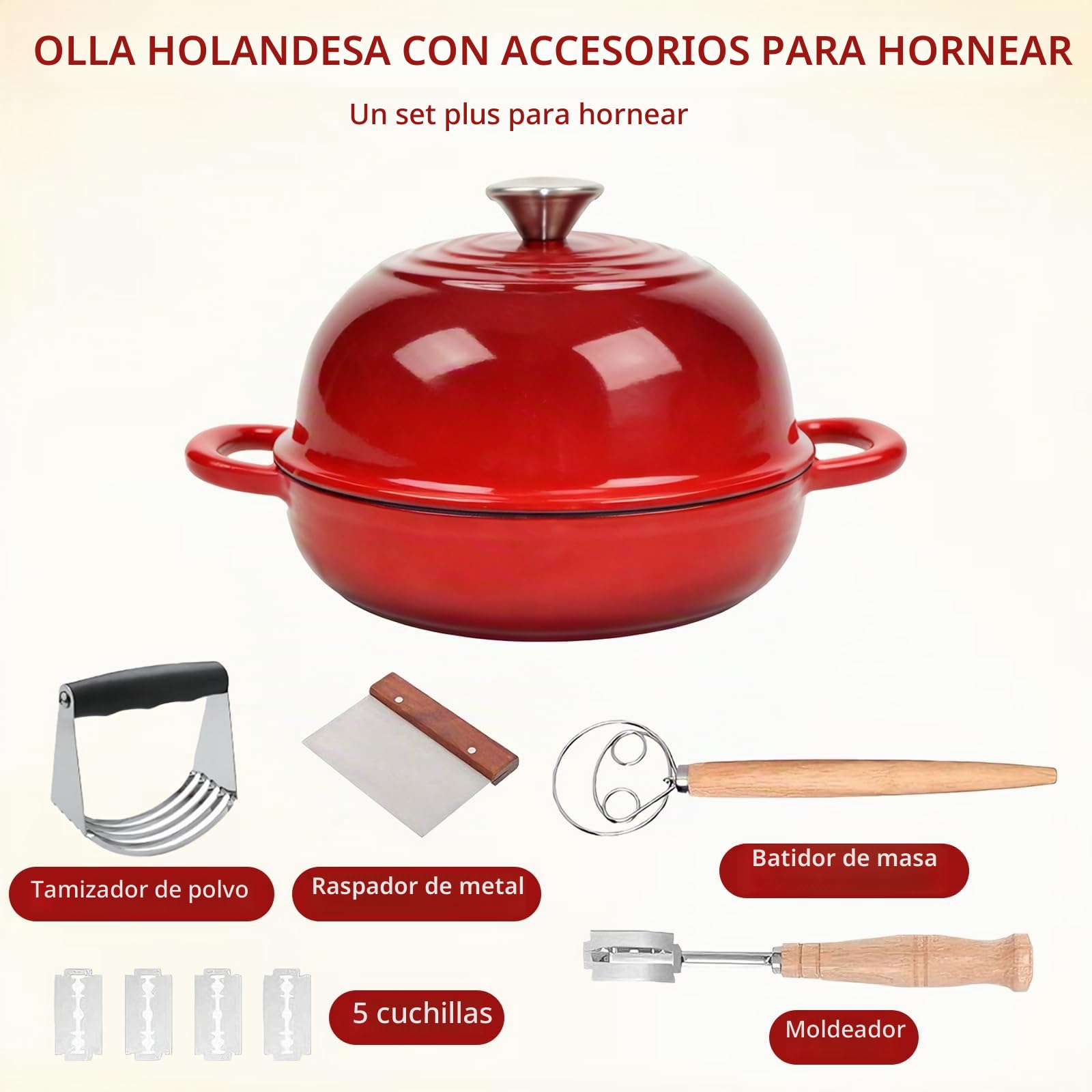 Olla de Hierro Fundido Esmaltada 5,7L Oval, Dutch Oven 26 cm con Tapa, Asas de Madera y Accesorios para Pan, Horno hasta 260°C, Todas Vitrocerámicas e Inducción