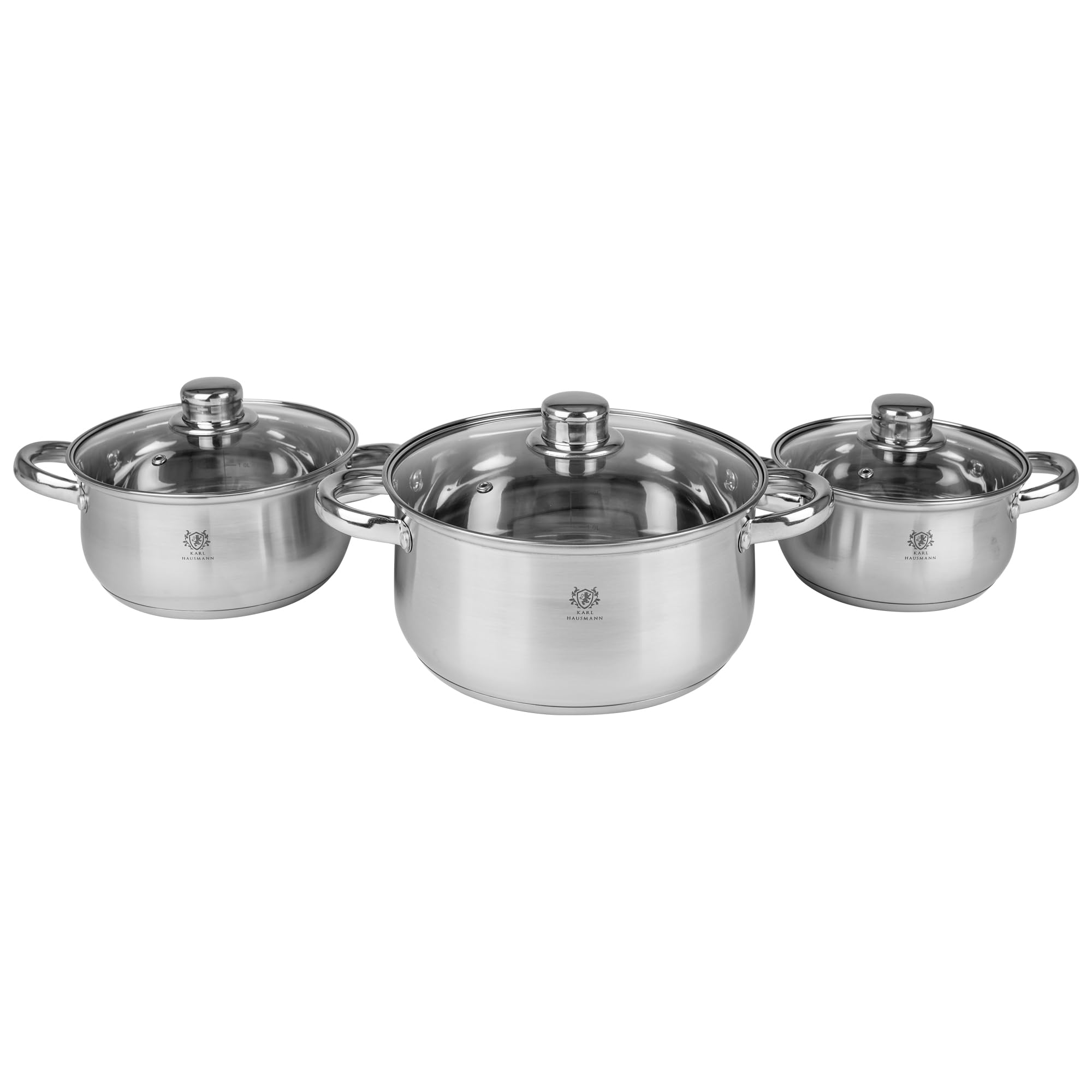 KARL HAUSMANN Set Pentole Acciaio Inox con Coperchi in Vetro - 3 Pentole, Adatte a Induzione, Fondo Multistrato per Cottura Uniforme, per Tutti i Piani Cottura, Lavabili in Lavastoviglie