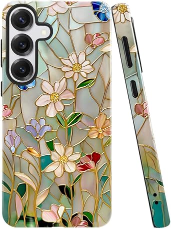 Case for Samsung Galaxy S25,Stained Glass Bloom Flower Phone Case Drop Resistant Glossy 2 in 1 Solid Dual-Layer Cover for Girl Women