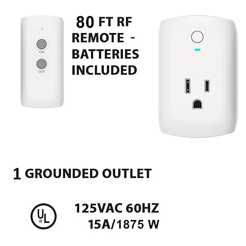 Miniatura 9 de TEKLECTRIC Toma de control remoto para interiores con 1 enchufe a tierra, toma inalámbrica de rango de 80 pies para ventiladores, dispositivos