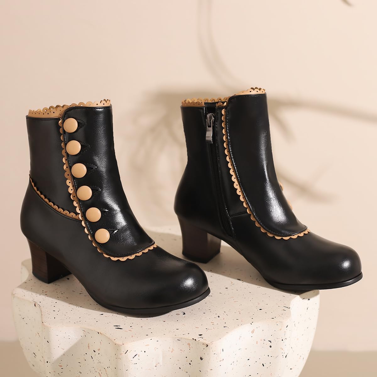 Women Vintage Low Chunky Heel Victorian Boots Round Toe Side Zip Granny Boots Matte Two-Toned Ankle Combat Booties Block Heel Short Dress Boots Studded Fall Winter Dressy Comfort 4-15 M US