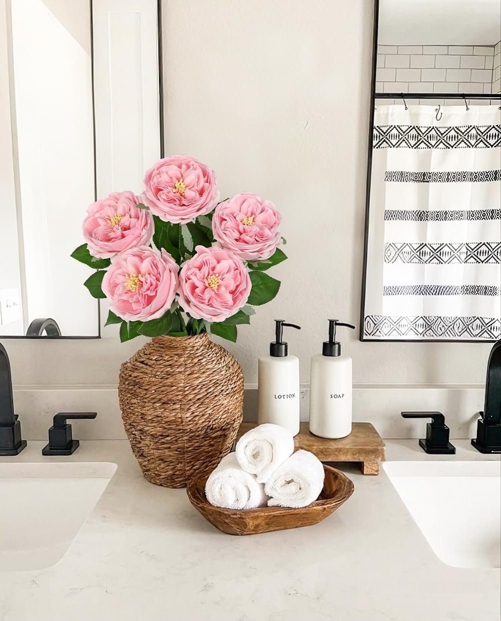 5Pcs Peonies Artificial Flowers Real Touch Austin Roses 23.6 Inch Long Stem Fake Flowers for Decoration Latex Rose Peony for Vase Wedding Valentine’s Day Party Arrangement Home Decor - Dusty Pink